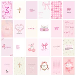 May include: A collection of pink cards with various designs, including bows, crosses, and text. The cards feature phrases like "Walk by faith," "Created with a purpose," and "Child of God." The overall theme is inspirational and faith-based.