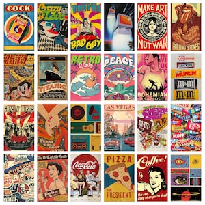 May include: A collection of vintage-style posters with various themes. The posters feature bold colors and graphics, including advertisements, pop culture references, and artistic designs. Some posters have text like "COCK", "Crazy Love", "Pizza for President", and "Make Art Not War".