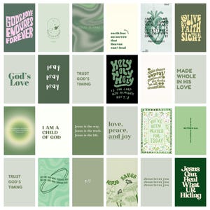 May include: A collection of inspirational art prints in shades of green and white. Each print features a different religious quote or phrase, such as "God's Love Endures Forever" and "Jesus is King". The prints are designed with various fonts and styles.