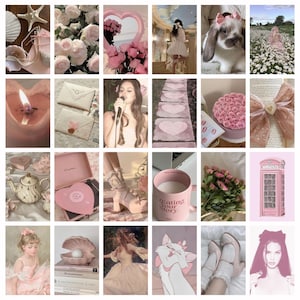May include: A collage of images in shades of pink, featuring a variety of objects and scenes. Included are roses, a rabbit with a bow, a singer, a telephone booth, a teacup, a mug with text, and a seashell with a pearl.