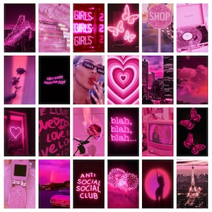 Op de afbeelding: Een collage van roze afbeeldingen met neonreclames, vlinders, rozen en stadsgezichten. Tekst bevat "GIRLS", "SHOP", "I don't care", "ANTI SOCIAL SOCIAL CLUB" en "blah, blah, blah..."