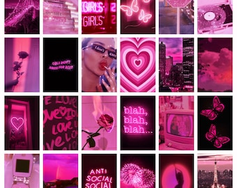 100 PCS Hot Pink Boujee Wall Collage Kit Neon Pink Aesthetic Photo Collage Pink Wall Collage Neon Pink Aesthetic Wall Photo Collage Girly