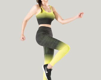Yellow Yoga Pilates Running Activewear Set , Crop Top & High-Waisted Shaping Leggings