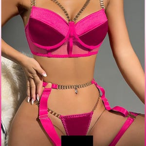 Satin Bra & Garter Belt Lingerie Set – Underwire Bustier with Chain Detail in Pink or Black, Sexy Boudoir and Bridal Outfit