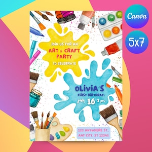 May include: A colorful art party invitation with a yellow and blue paint splash design. The invitation includes text that reads "Join us for an Art & Craft Party to Celebrate" and "Olivia's First Birthday July 16 3 pm". The invitation is 5x7 inches.