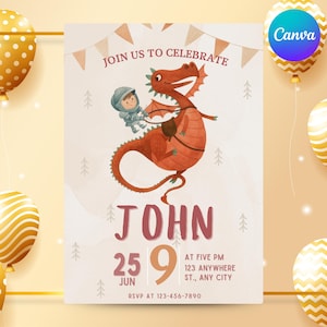 Knight and Dragon Birthday Invitation Template For Canva