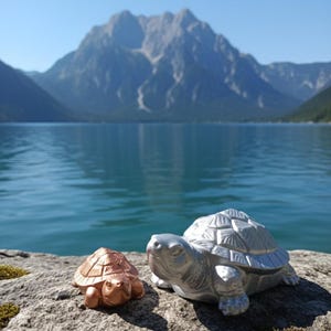 May include: Two decorative turtle figurines, one copper-coloured and the other silver, sit on a rock. The turtles are in front of a lake and mountain range. The copper turtle is smaller than the silver one.