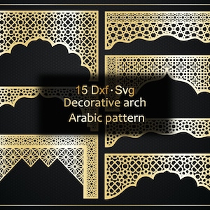 Puede incluir: Diseños de arcos decorativos dorados con intrincados patrones árabes. La imagen muestra varias formas de arcos, incluyendo aquellos con bordes festoneados y detalles geométricos. El texto dice "15 Dxf.Svg Decorative arch Arabic pattern."