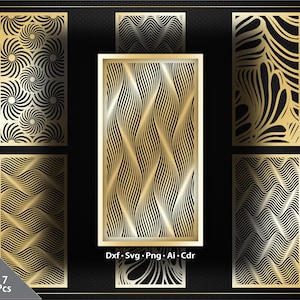 May include: A collection of seven decorative laser-cut panels in gold and black. The panels feature various geometric and abstract designs, including swirling patterns and wave-like motifs. The image includes the text "Dxf • Svg • Png • Ai • Cdr".