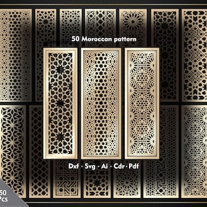 May include: A collection of 50 Moroccan pattern designs in a variety of shapes and sizes. The designs are laser cut with intricate geometric patterns. The image includes the text "50 Moroccan pattern" and file type options: Dxf, Svg, Ai, Cdr, Pdf.