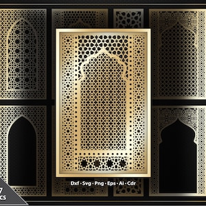 May include: Seven gold-colored, laser-cut panels with intricate geometric patterns, including archways and star designs. The panels are displayed against a black background. The bottom left corner shows the text "7 Pcs".