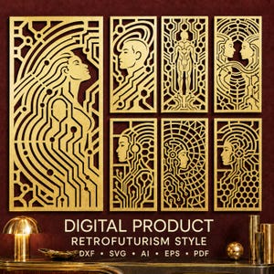 May include: A collection of seven rectangular gold-colored panels featuring intricate laser-cut designs of human profiles and figures integrated with geometric circuit board patterns. The text reads DIGITAL PRODUCT RETROFUTURISM STYLE DXF SVG AI EPS PDF.