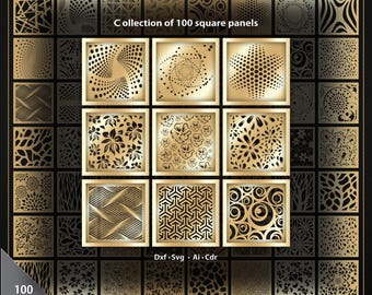 May include: A collection of 100 square panels with various geometric and floral designs. The panels are in a gold color, with intricate cut-out patterns. The image includes text that says "Collection of 100 square panels" and "100 Pcs".