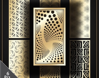May include: Six decorative panels with intricate laser-cut designs. The panels feature geometric patterns, including spirals, dots, and angular shapes, in a gold color. The panels are set against a black background.