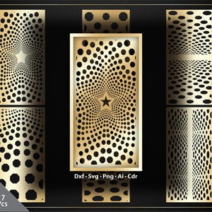 May include: A collection of seven laser-cut panels with a gold finish, featuring intricate patterns of circles and a central star design. The panels are displayed against a black background, with the text "Dxf • Svg • Png • Ai • Cdr" visible.