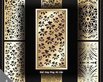 May include: A collection of six laser-cut decorative panels in gold and black. The panels feature floral and geometric patterns, with a rectangular panel in the center showcasing a floral design. The bottom left corner shows "6 Pcs".