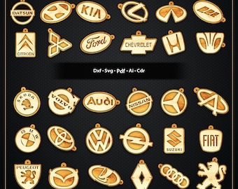 Porte-clés avec logo de voiture, fichiers découpés au laser | Modèles de porte-clés automatiques en bois Svg Dxf Pdf Ai | Designs de marques de voitures Glowforge CNC