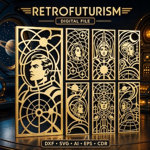 May include: A collection of gold-colored laser-cut panels featuring retro-futuristic designs of astronauts, planets, and geometric space motifs. The text RETROFUTURISM, DIGITAL FILE, and file formats DXF, SVG, AI, EPS, CDR are clearly visible.