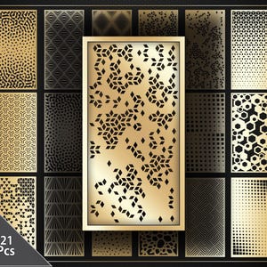 May include: A collection of 21 decorative panels with various geometric patterns. The panels are in gold and black, with designs including dots, triangles, and diamond shapes. A central panel features a floral design. The text "21 Pcs" is in the lower left corner.