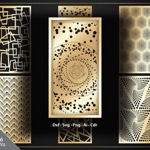 Könnte beinhalten: Eine Sammlung von sechs dekorativen Paneelen mit aufwendigen Laser-Cut-Designs. Die Paneele weisen geometrische Muster auf, darunter Quadrate, Spiralen und Wabenformen, in Gold. Der Text "Dxf • Svg • Png • Ai • Cdr" und "6 Pcs" ist enthalten.