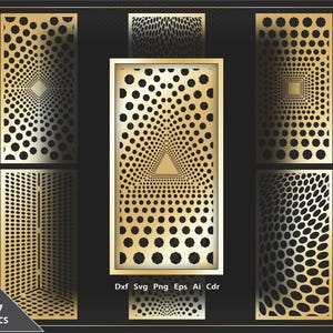 Puede incluir: Un conjunto de siete paneles dorados con diseños geométricos, con una variedad de patrones de puntos y formas. Los paneles están dispuestos sobre un fondo negro. La esquina inferior izquierda muestra el texto "7 Pcs". La esquina inferior derecha muestra el texto "Dxf Svg Png Eps Ai Cdr".