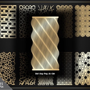 Könnte beinhalten: Eine Sammlung von 15 goldfarbenen dekorativen Designmustern. Die Designs umfassen geometrische Formen, florale Muster und wellenartige Texturen. Das Bild enthält die Dateitypen: Dxf, Svg, Png, Ai und Cdr.