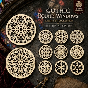 Puede incluir: Una colección de once paneles circulares de madera cortados con láser con intrincados patrones geométricos y florales. El texto dice GOTHIC ROUND WINDOWS LASER CUT COLLECTION SVG DXF AI CDR EPS y DIGITAL DOWNLOAD. Se ve un compás de metal.
