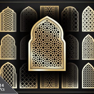 Peut inclure: Ensemble de 14 panneaux dorés en forme d'arche, aux motifs géométriques complexes. Les panneaux sont disposés sur un fond noir texturé, avec un panneau central mis en évidence. L'image comprend une étiquette indiquant la quantité.