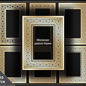 May include: Ten gold-coloured Moroccan pattern frames with intricate geometric designs are displayed against a dark background. The frames are rectangular with a central opening and are labelled "Moroccan pattern frame".