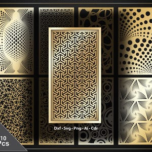 May include: A collection of ten decorative panels with intricate geometric patterns in gold against a black background. The panels feature various designs, including dots, lines, and repeating shapes. The image includes the text "Dxf • Svg • Png • Ai • Cdr" and "10 Pcs".