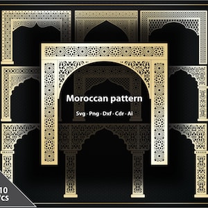 Könnte beinhalten: Eine Sammlung von zehn goldfarbenen marokkanischen Mustern. Die Designs zeigen komplizierte Torbögen und geometrische Muster, mit dem Text "Moroccan pattern" und Dateitypinformationen. Die Designs sind vor einem dunklen Hintergrund angeordnet.