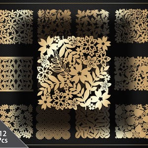 Puede incluir: Un conjunto de 12 diseños florales y de hojas doradas sobre un fondo negro. Los diseños presentan diversos patrones de flores y hojas, con formas y tamaños variados. Los diseños están dispuestos en una cuadrícula. El texto "12 Pcs" es visible.