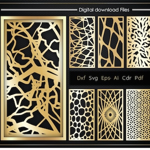 Può includere: Disegni dorati tagliati al laser su sfondo nero. L'immagine presenta diversi pannelli rettangolari con motivi intricati, tra cui forme organiche e geometriche. È presente anche il testo "Digital download Files" e le abbreviazioni dei tipi di file.