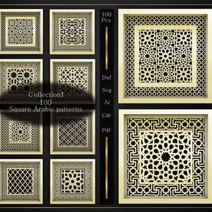 May include: Collection of 100 square Arabic patterns in a variety of intricate designs. The patterns are displayed in a grid, each within a square frame. The color palette is gold and black, with the text "Collection! 100 Square Arabic patterns".