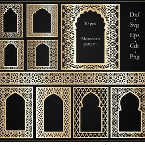 Puede incluir: Una colección de diseños de patrones marroquíes dorados, que incluyen marcos en forma de arco y bordes decorativos. Los diseños son intrincados y adecuados para varios proyectos de manualidades. Incluye el texto "Moroccan pattern" y opciones de tipo de archivo.