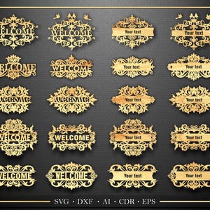 以下が含まれることがあります： 「WELCOME」の文字やカスタムテキスト用のスペースを備えた、精巧にデザインされた木製のウェルカムサインとカスタマイズ可能なプラークのコレクション。装飾的な花柄とスクロールワークパターンが特徴です。画像にはファイル形式の情報が含まれています。