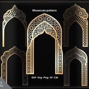 May include: Five gold-colored Moroccan pattern arch designs on a black background. The arches have intricate geometric cut-out patterns. Text at the top reads "Moroccan pattern". The bottom right corner has file type information: Dxf, Svg, Png, Ai, Cdr.
