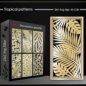 Lot de 50 panneaux décoratifs tropicaux | Motifs de fleurs et de feuilles découpés au laser CNC | Svg Dxf Cdr Ai pour métal, bois, décoration murale, portails, paravents