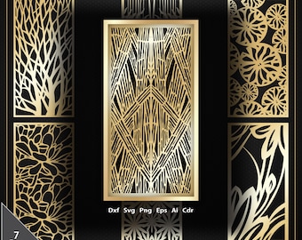 May include: A collection of seven gold-colored decorative panels with intricate cut-out designs. The panels feature various patterns, including floral, tree-like, and geometric shapes. The image includes the file formats: Dxf, Svg, Png, Eps, Ai, and Cdr.