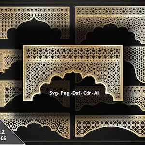 May include: A collection of 12 gold-colored, ornate archway designs with intricate geometric patterns. The designs are presented on a black background, with file type notations in the lower right corner.
