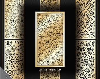 May include: A collection of six decorative panels with floral and geometric cut-out designs. The panels feature a gold color scheme with black detailing. The image includes the text "Dxf.Svg.Png.Ai.Cdr" and "6 Pcs".