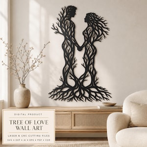 May include: A black metal wall art piece depicting two human figures formed from intertwined tree branches and roots, holding hands. The design is presented as a digital product with the text "TREE OF LOVE WALL ART" and file formats listed below.