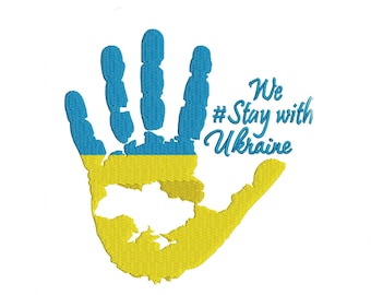 Ricamo a macchina "Siamo a favore dell'Ucraina", impronta di mano con motivo di mappa, file PES DST a sostegno dell'Ucraina, 3 dimensioni, download digitale