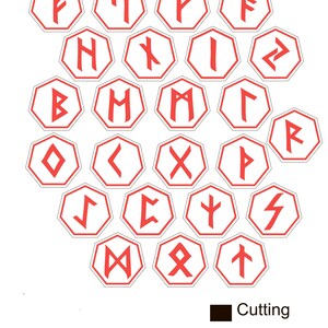 May include: A collection of red rune symbols inside white and red octagonal frames. The image includes a legend indicating "Cutting" in black and "Engraving" in red. The runes are arranged in a grid-like pattern against a white background.