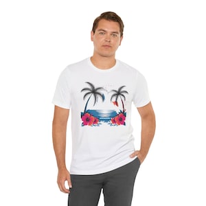 Tropical Beach Shirt for Summer Lovers, Sunset Tee, Vacation T-Shirt, Palm Tree Gift, Floral Beach Tee, Island Paradise Shirt