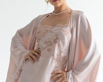 Satin Robe and Slip Set - Bridal Lace Lingerie, Honeymoon Nightwear