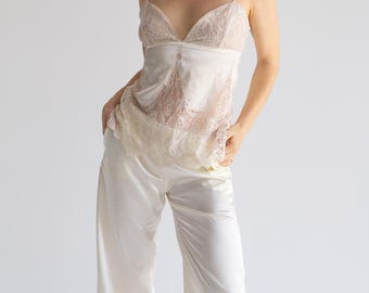 Bridal  Pants and Cami Top - Satin & Lace Pajama Set with Personalized Travel Bag