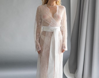 Lace Bridal Robe - Chantilly nightie - Wedding nightwear - Sheer White Kimono with Satin Belt