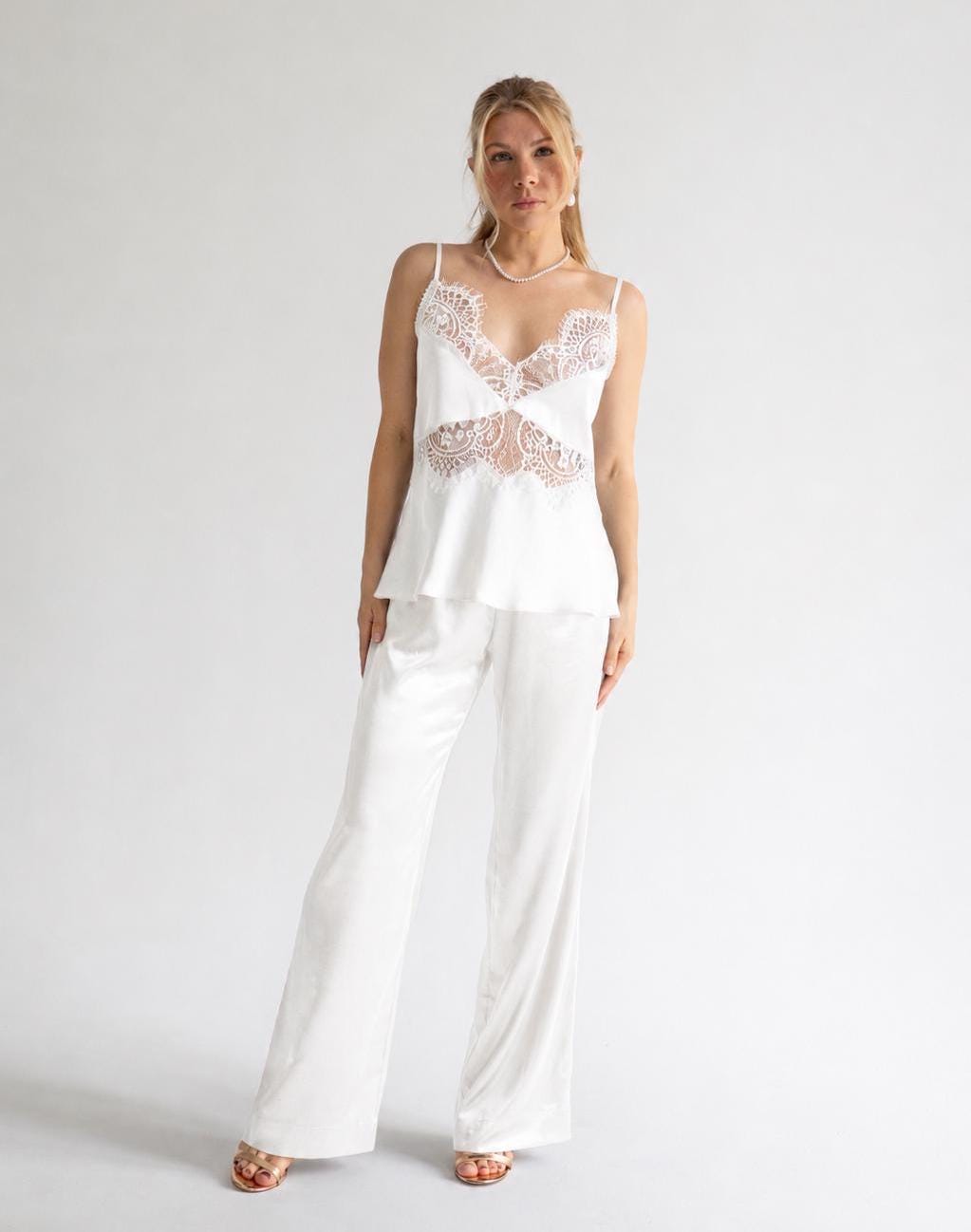 Bridal Getting Ready Outfit - Bride Satin and Lace Pajama Set - Wedding Morning Loungewear