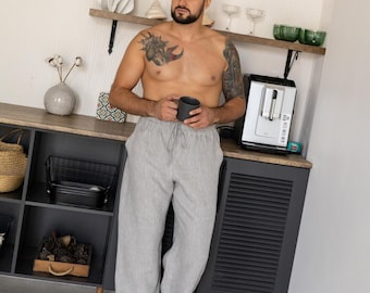 Linen Men’s Pants with Pockets - Elastic waist trousers – Personalized Gift with Embroidered Name &  Pouch
